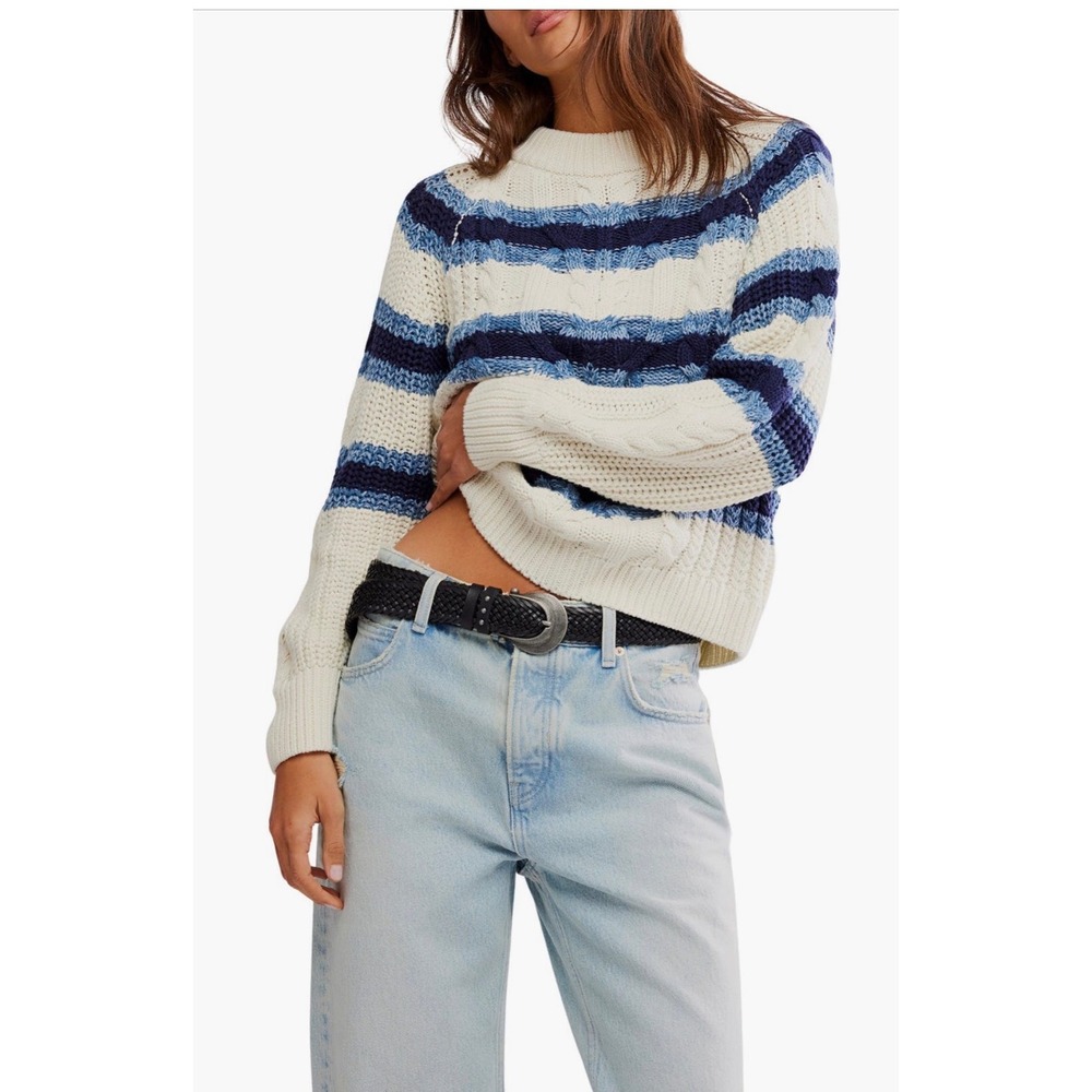 Free People Frankie Striped Cable Knit Sweater Blue white large chunky stripe